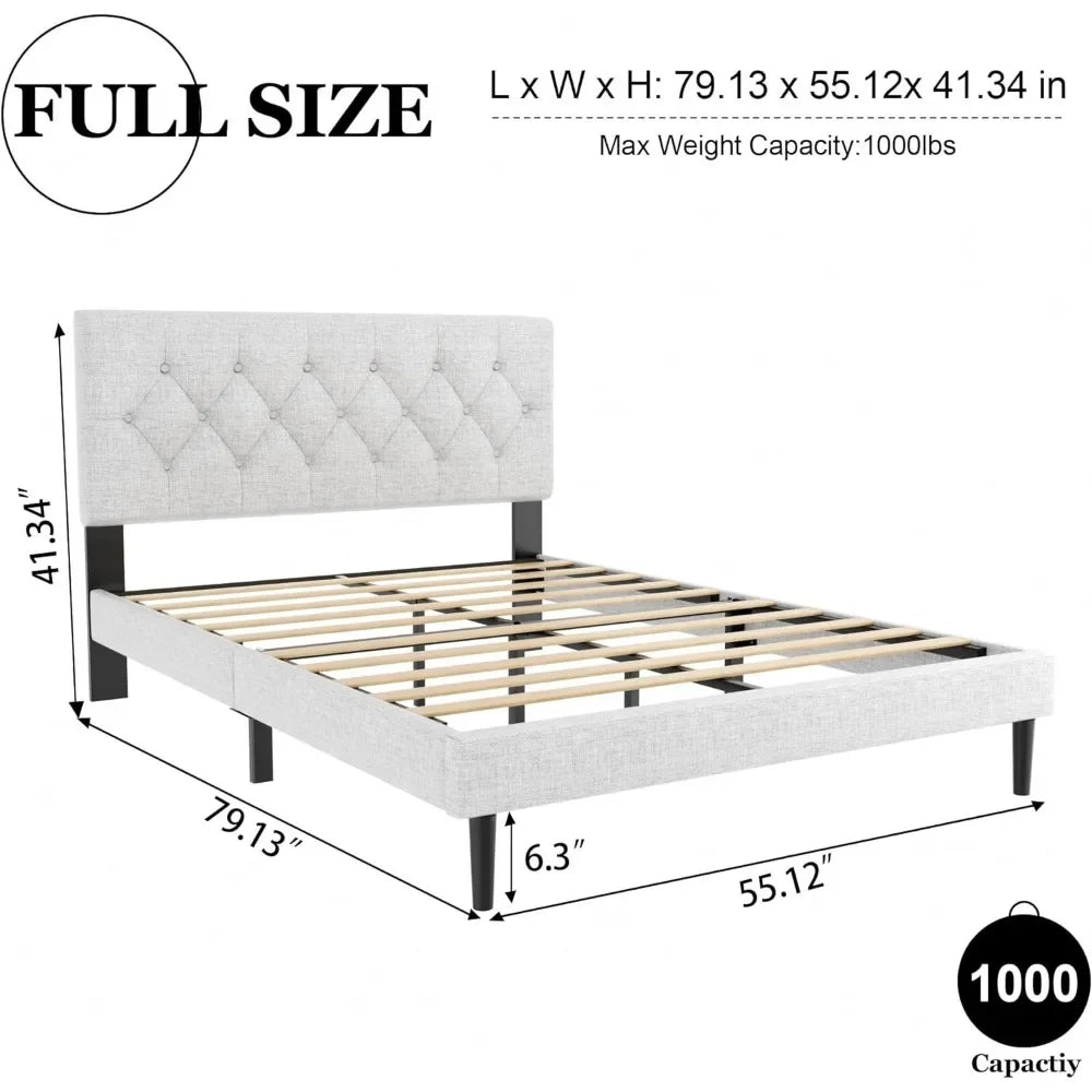 Bed Frame, Tufted Headboard with Padded Buttons, with Wooden Slatted Support, No Springs Required, Easy To Assemble, Bed Frame