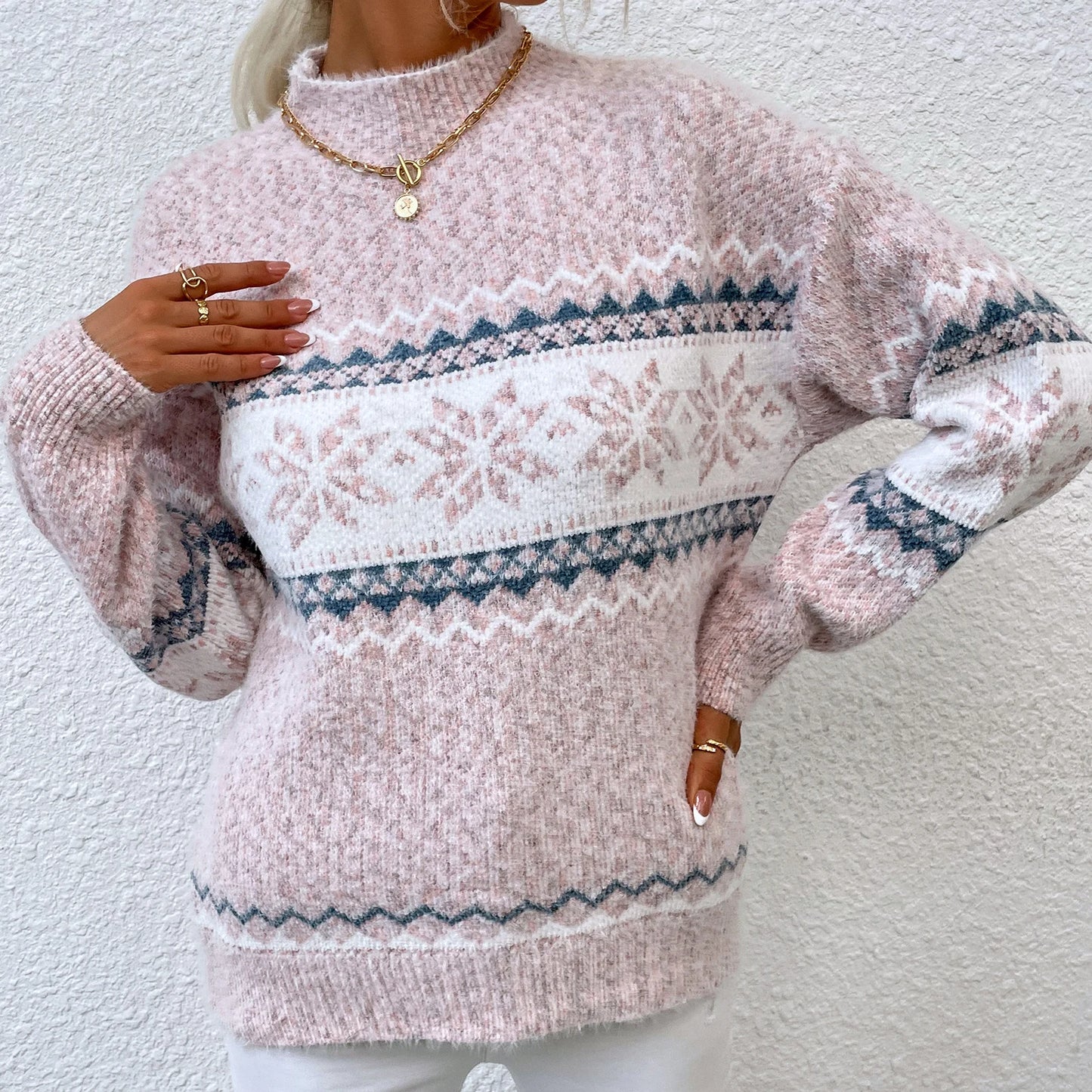 Women Knitwear Sweater Half Turtleneck Snowflake Printed Knitted Top Sweater Loose Fit Christmas Style Casual Vacation Outfit