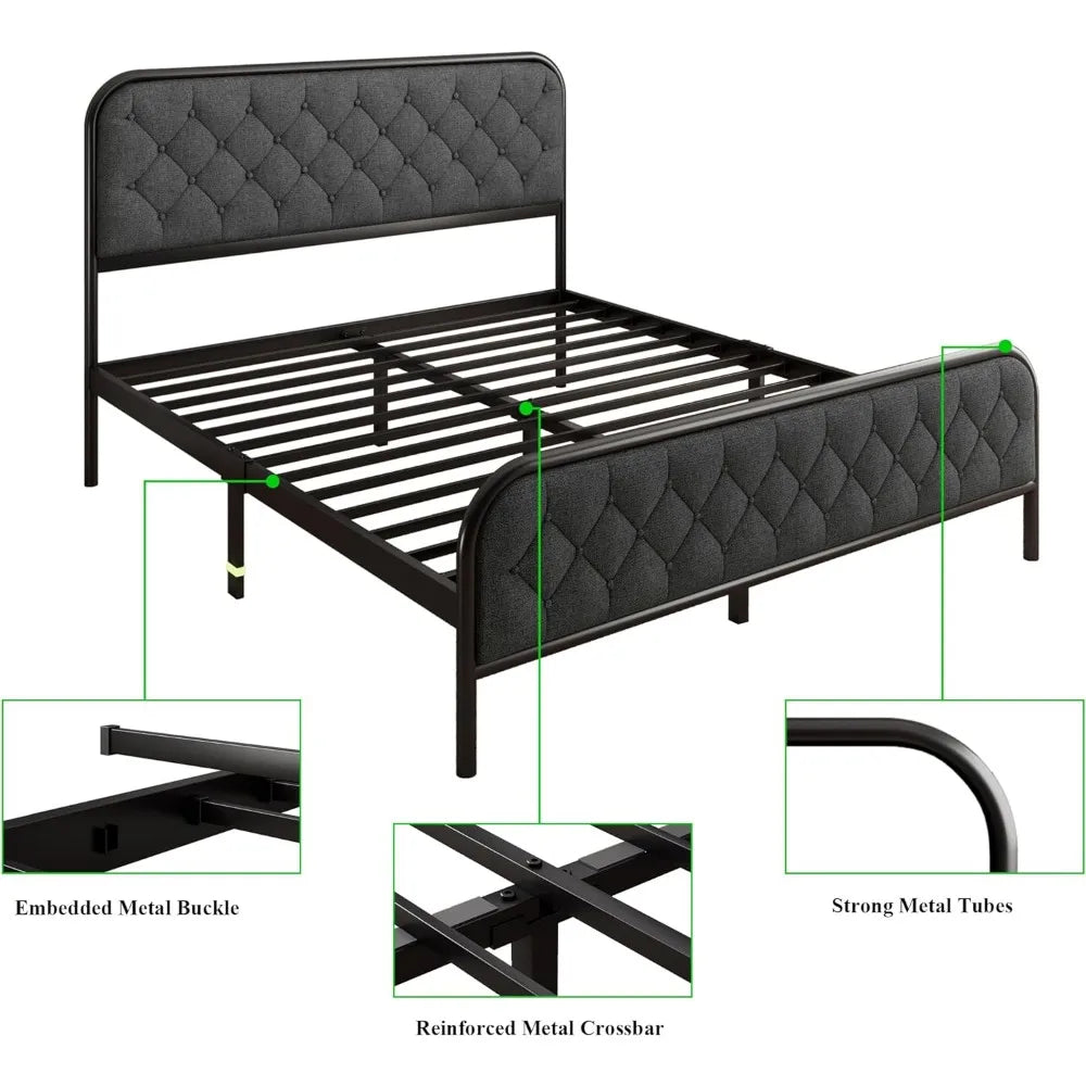 Queen Size Bed Frame with Linen Upholstered Headboard, Heavy Duty Metal Platform Bed with 12" Under-Bed Storage Space