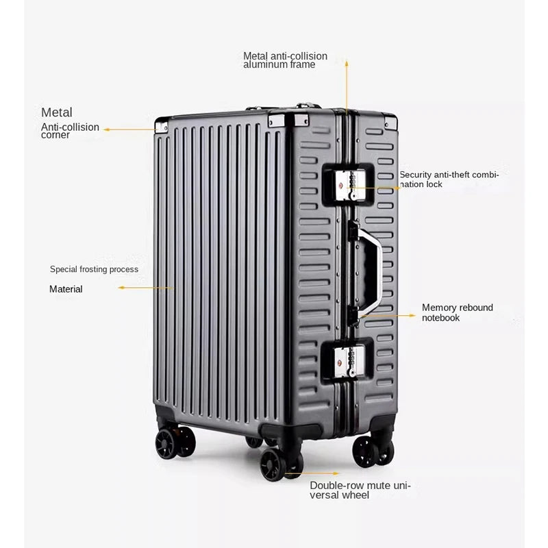 Suitcase Aluminum Frame Rolling Luggage PC Waterproof Cabin Carry-on Suitcases Bag Can Sit Unisex Password Trolley Travel Bag