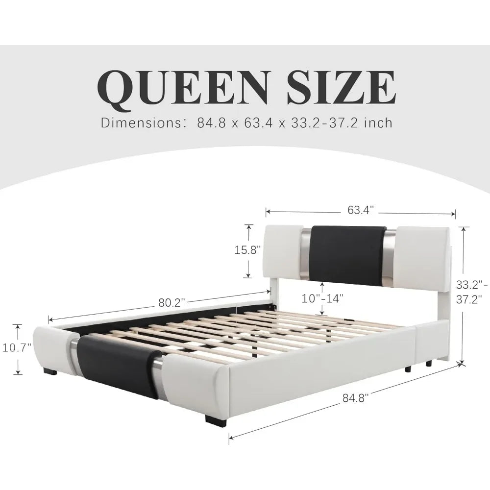 queen size bed frame, With faux leather upholstered headboard and wood slat support, Heavy duty mattress base，White & Black