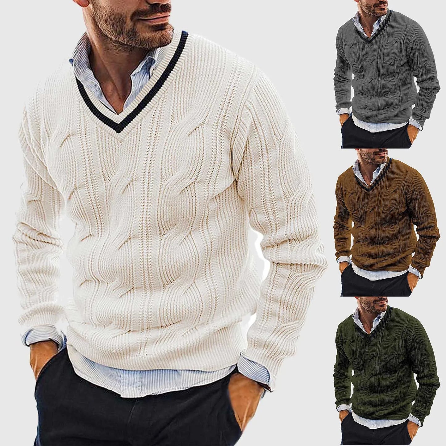 Mens Winter Knitted Sweater Oversized Male Knitted Warm Pullover V Neck Jumpers Men's Vintage Striped Knitwear Men Clothing Coat