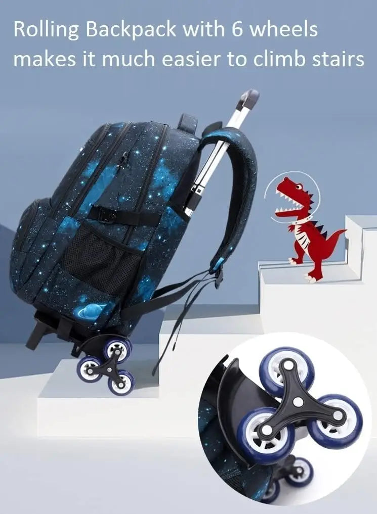 Kids School Bag with Wheels Rolling Backpack for Boy Wheeled School Bag Wheels Trolley Bookbag Carry on Luggage with Lunch Bag