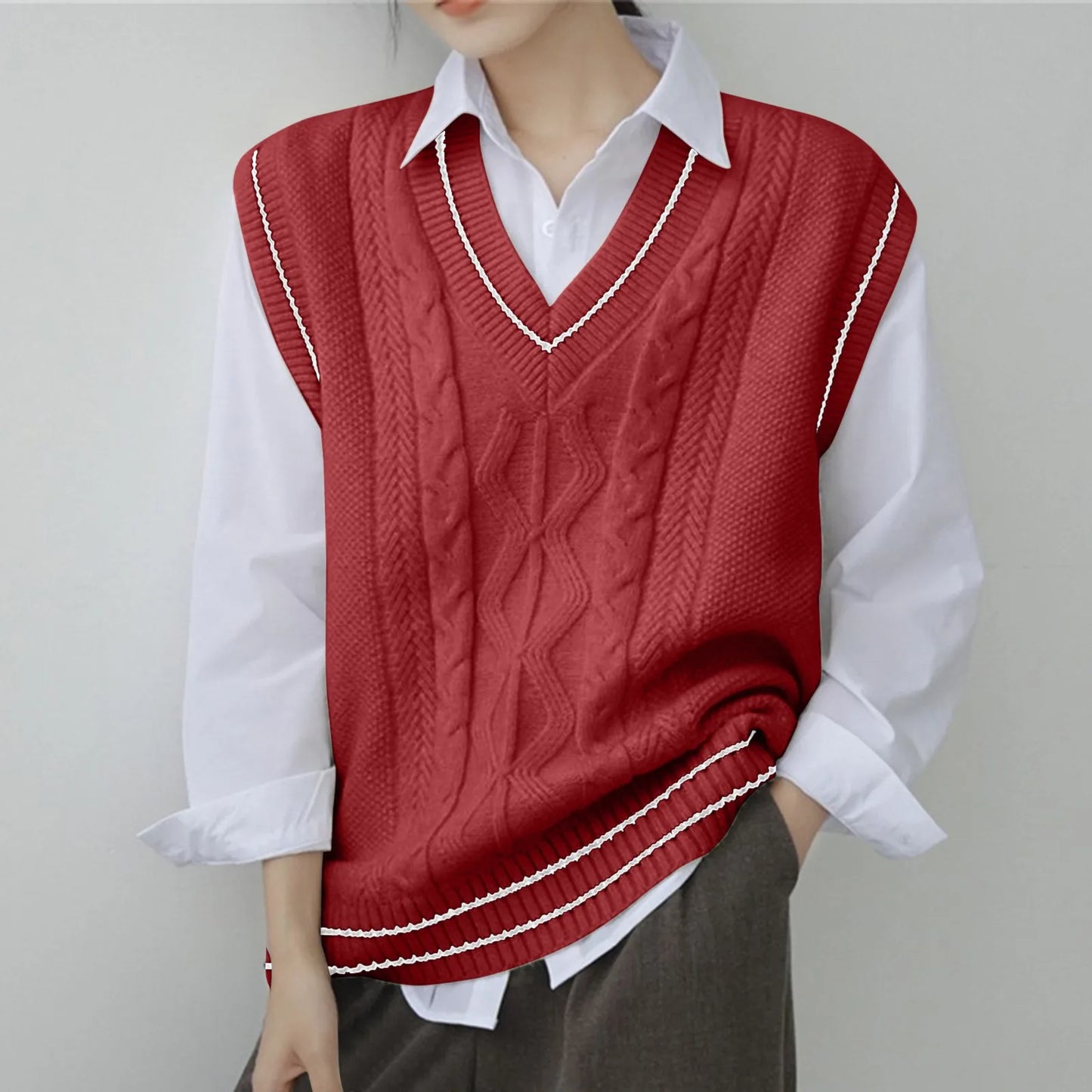 Sweater Vest Women Thicken V-neck Sleeveless Knitted Sweaters Vests Striped Retro Preppy-style Simple Chic Loose Casual Tops