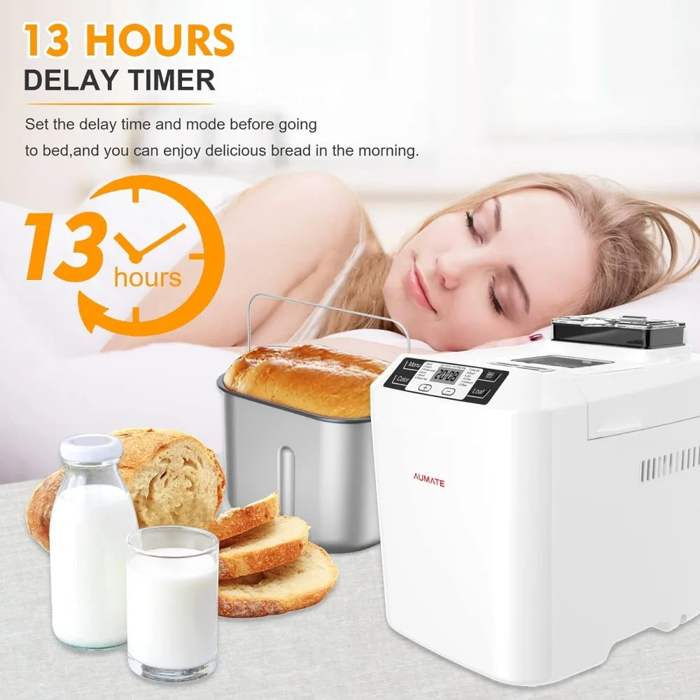 2LB Bread Maker,with 12 Presets,Gluten-Free Setting,Auto Fruit Nut Dispenser & Nonstick Pan,2 Loaf Sizes,13H Reserve