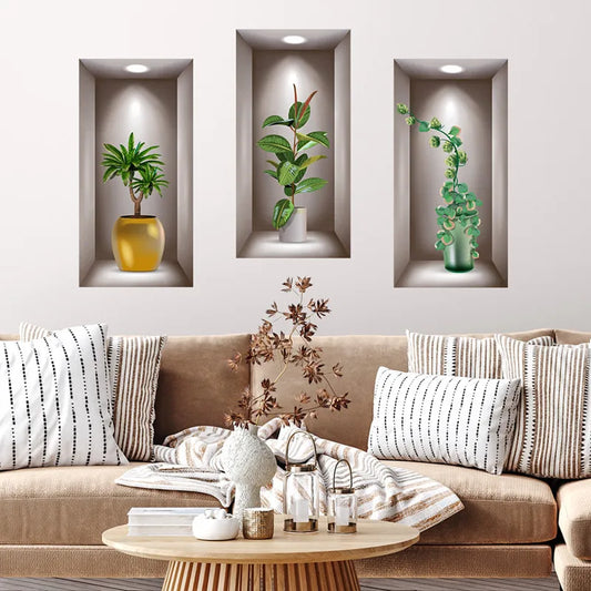 Creative Art Magic Fake 3D Vinyl Wall Sticker Ceramic Vases Design Green Plants Flower Decals Mural for Dining Living Room Decor