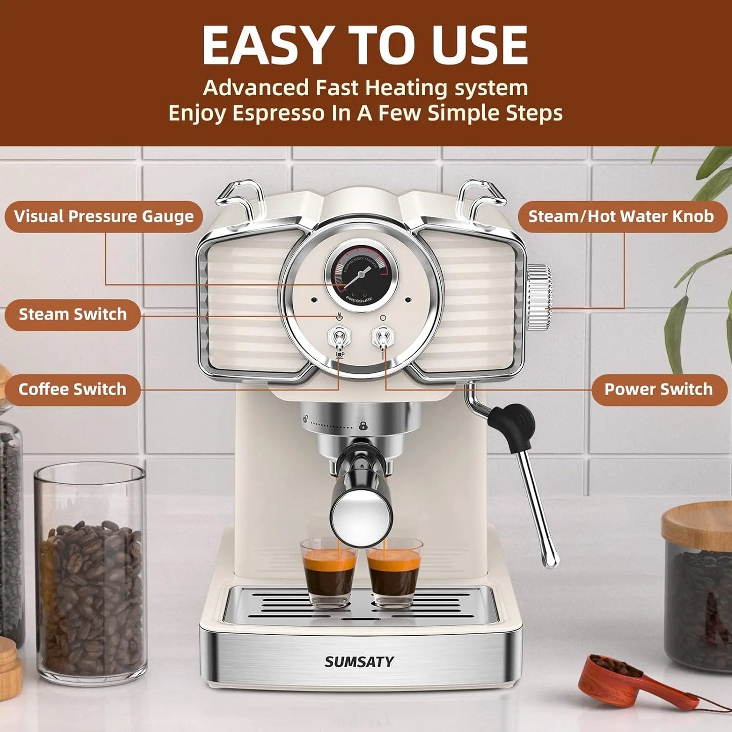 Espresso Coffee Machine 20 Bar, Retro Espresso Maker with Milk Frother Steamer Wand for Cappuccino, Latte, Macchiato, 1.8L Remov