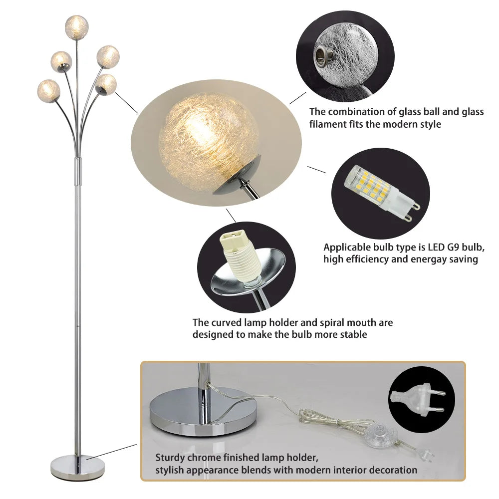 Depuley Modern Globe LED Floor Lamps with 5 Lights Tall Pole Tree Lighting for Living Room Bedroom Mid Century G9 Bulb