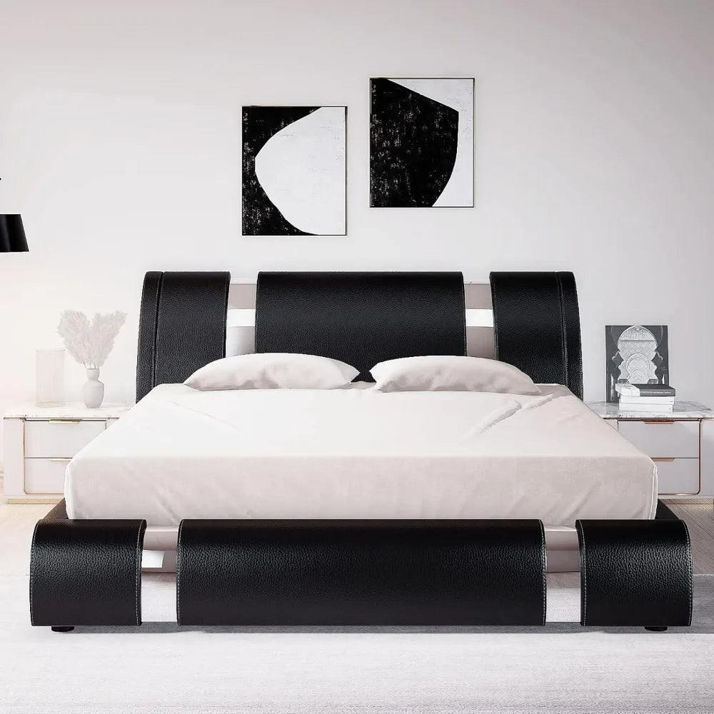 Bed frame, faux leather padded table bed with adjustable headboard, supported by wooden boards, oversized bed frame