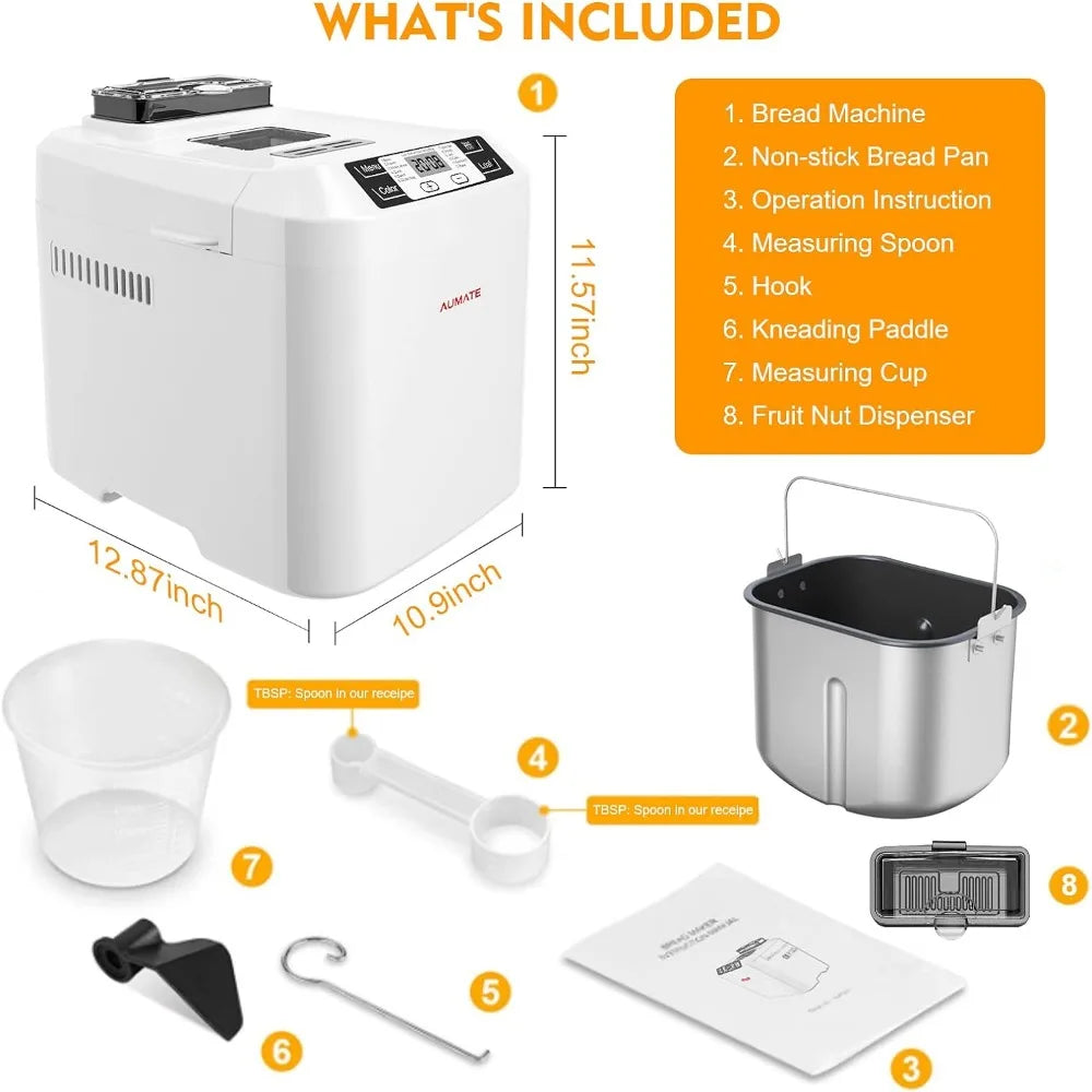 2LB Bread Maker,with 12 Presets,Gluten-Free Setting,Auto Fruit Nut Dispenser & Nonstick Pan,2 Loaf Sizes,13H Reserve