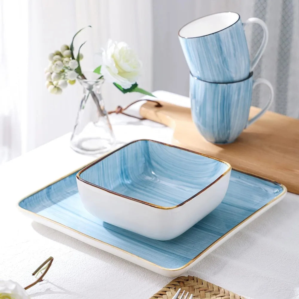 Kitchen Dishes 32 Pieces Square Light Blue Brushed Design Dish Service for 8 Dinner Plates Set Food Plate Complete Tableware Bar