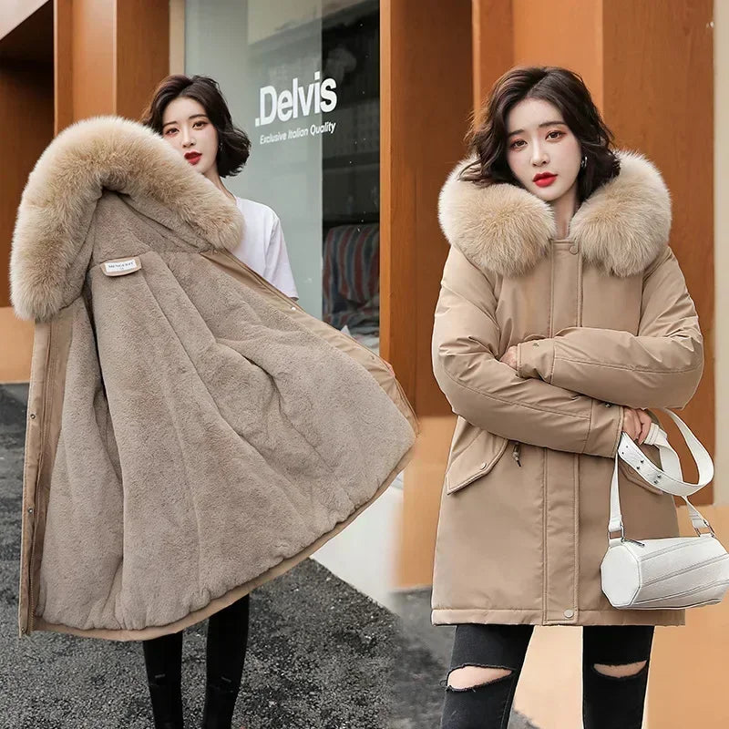 Women Parka Fashion Long Coat Wool Liner Hooded Parkas 2023 New Winter Jacket Slim with Fur Collar Warm Snow Wear Padded Clothes