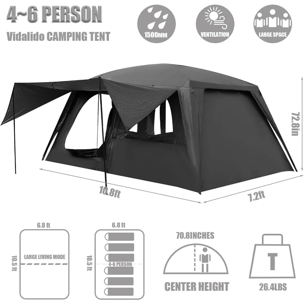 4-6 Person Camping Tent with 3 Door 2 Room Large Family Cabin Tents, Double Layer Waterproof Portable Glamping Tent