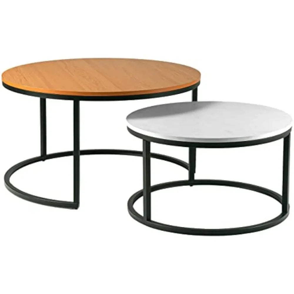 31.5'' Modern Round Nested Coffee Table (Set of 2),Stacked Living Room Feature Table with Industrial Wood Veneer and Metal Frame