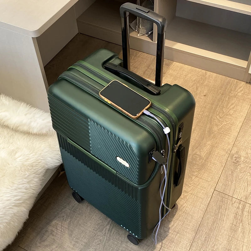 New front opening boarding suitcase men women 20/24/26 inch lightweight trolley travel luggage fashion USB charging luggage