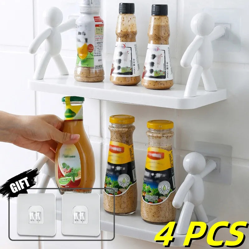 1-4PCS Household Simple No punching Wall Hanging Human-shaped Guardrail Bathroom Kitchen Storage Rack Hook Rack Shelf with Hook