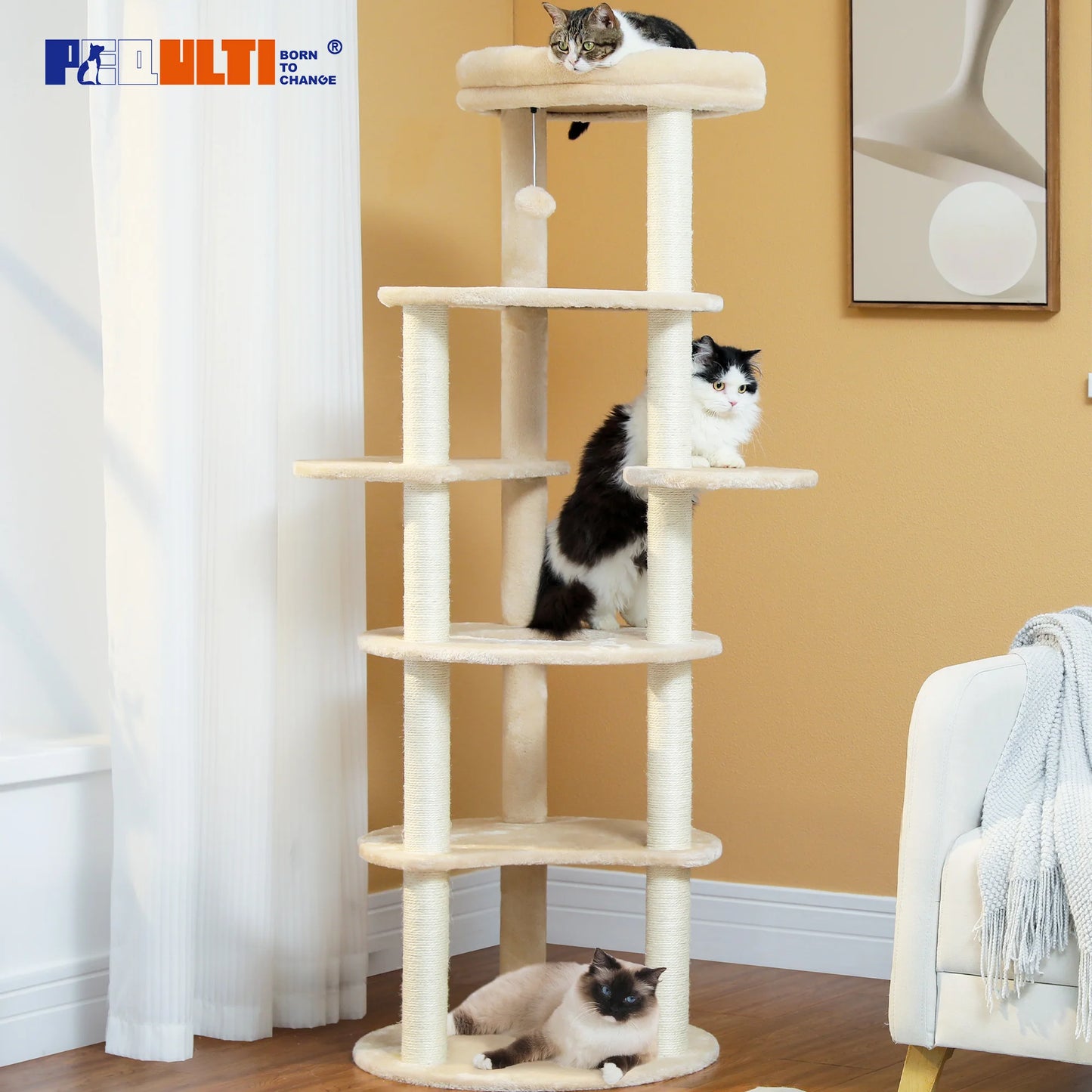 Cat Tree for Indoor Cats Cat Climbing Tower with 9 Sisal Scratching Posts Circular Play Floor and Replacable Dangling Ball Perch