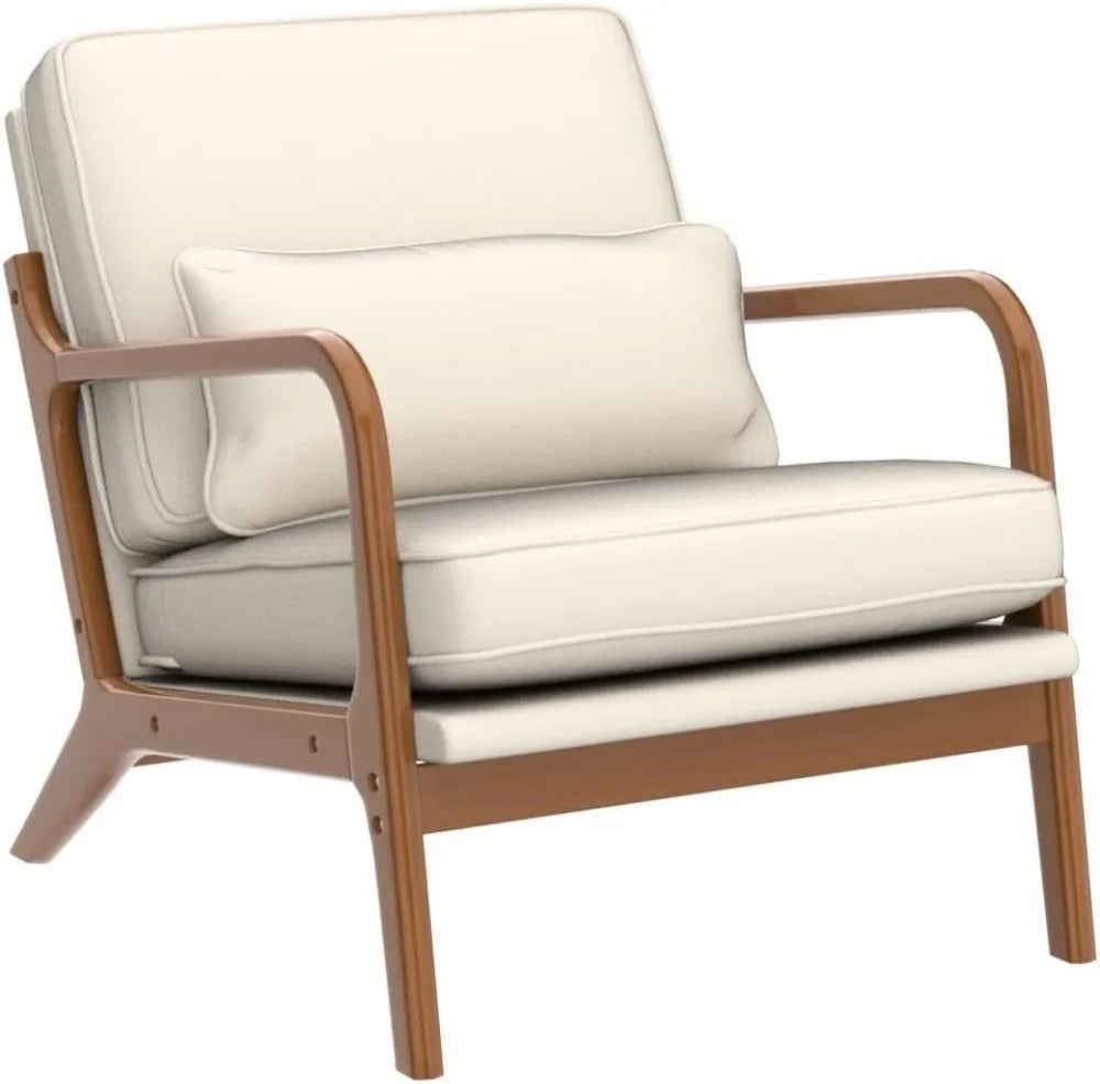 Accent Chair Mid-Century Modern Chair with Pillow Upholstered Lounge Arm Chair with Solid Wood Frame & Soft Cushion