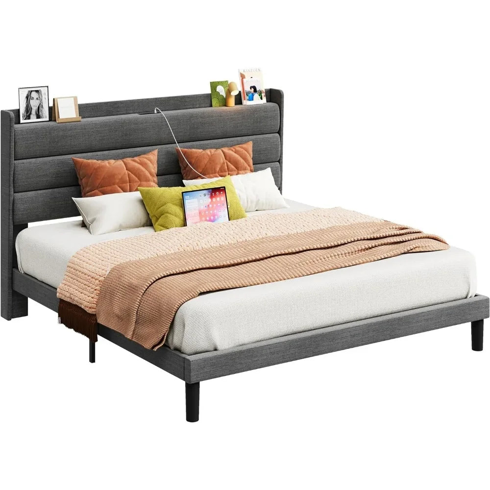 Bedroom furniture queen size bed frame, storage headboard with sockets, sturdy and stable, noiseless, no springs, dark grey