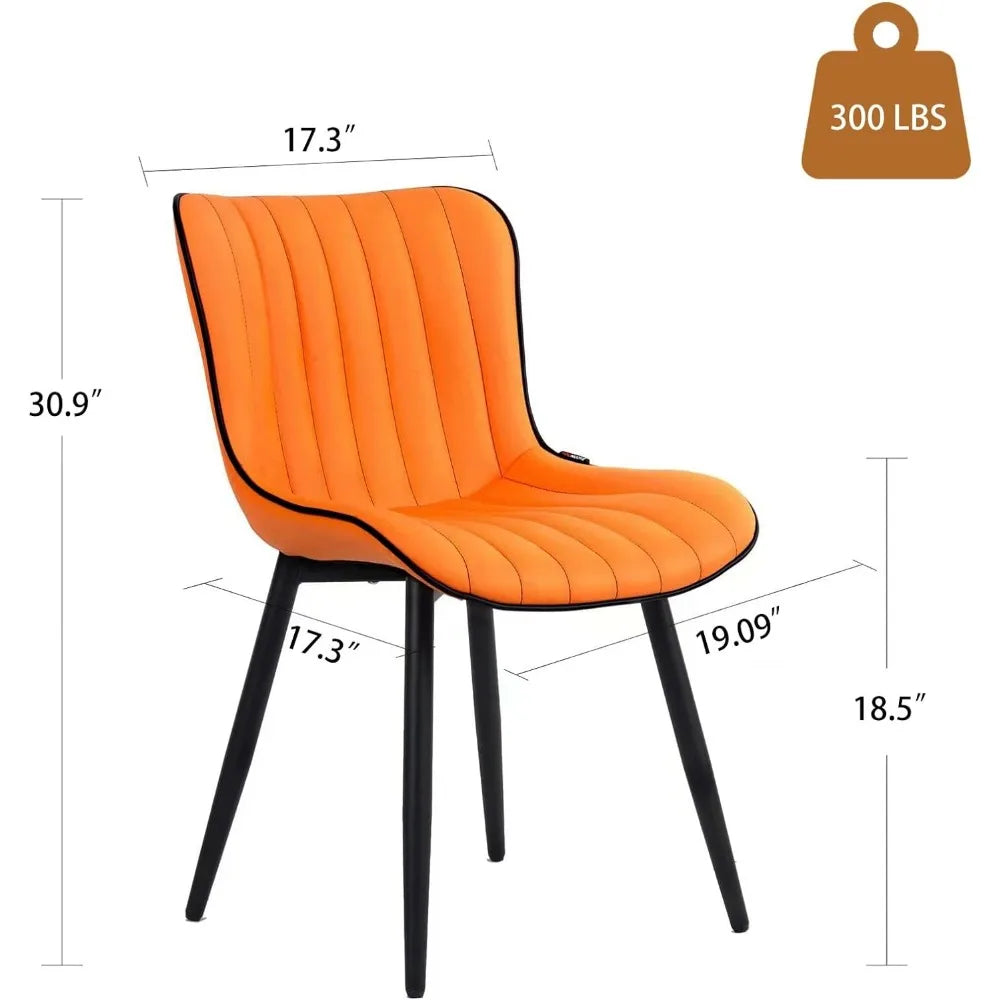 Orange Dining Chairs Set of 2 Upholstered Mid Century Modern Kitchen Chairs Armless Faux Leather Accent Guest  Back Metal Leg