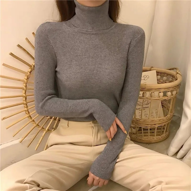 New Women Fall Turtleneck Sweater Soft Knitted Pullovers Korean Slim Long Sleeve Bottom Tops Chic Blouse Jumpers Ladies Knitwear