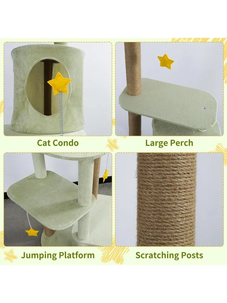 Cute Cat Tree, 63.2" Tall Cat Tower for Indoor Cats, Green Plush Cat House Condo with Scratching Posts