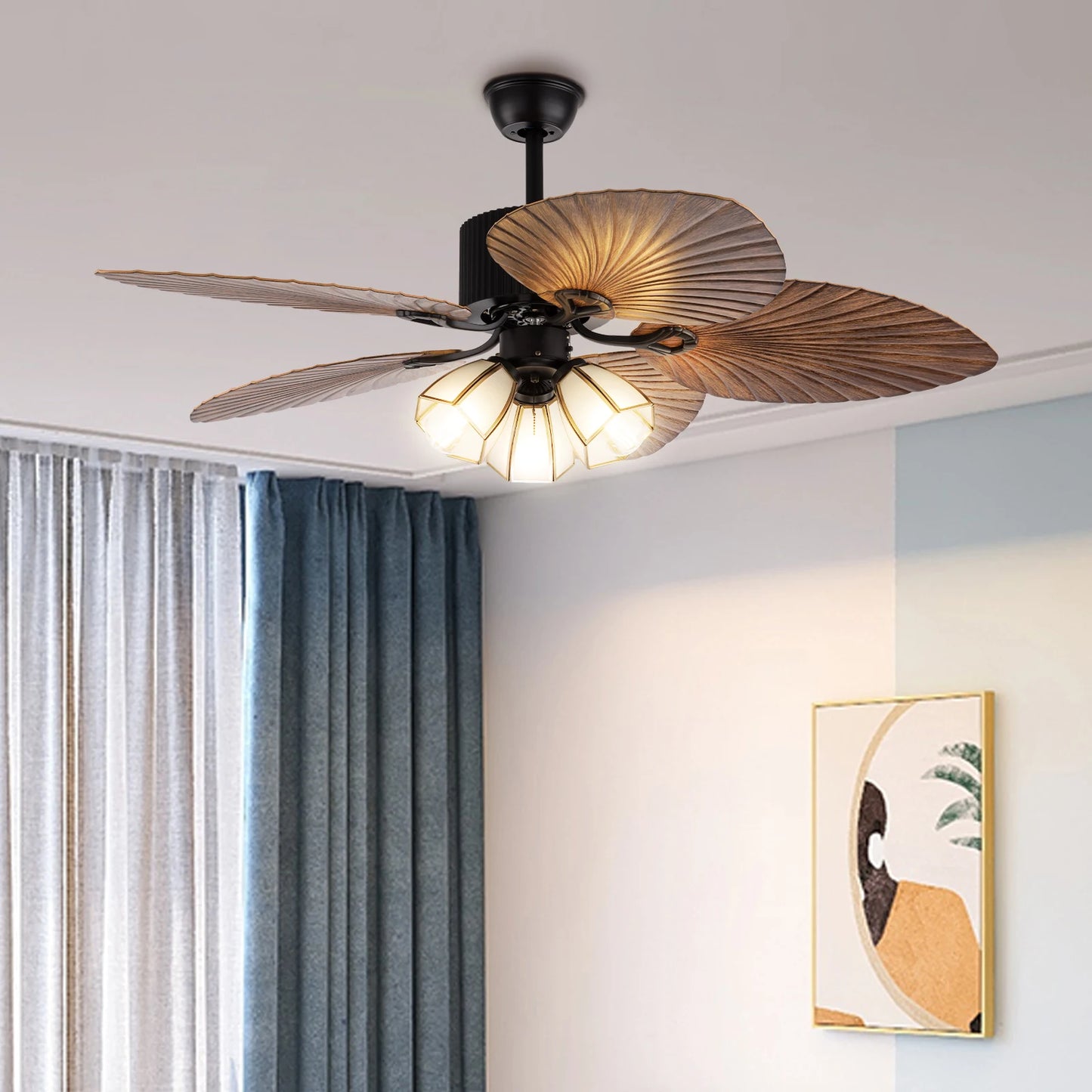 Tropical Ceiling Fan with Light LED Reversible Room Decor 52" Fan Lamp Hall Chandelier Living Room with Remote Control Low-noise