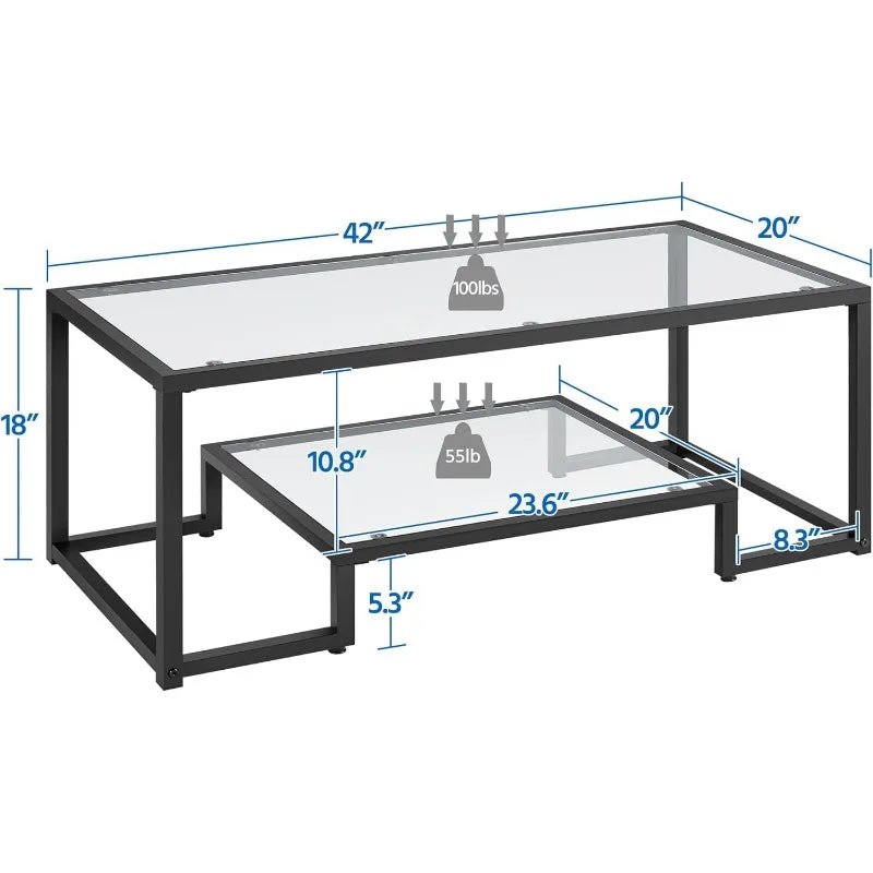 Gold Coffee Table, 42" Rectangular Glass Coffee Table for Living Room, 2-Tier Center Tea Table with Metal Frame for Small Space