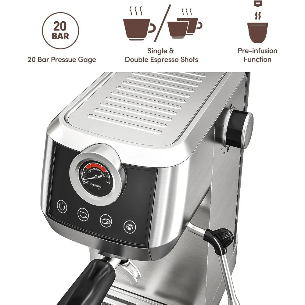 Expresso Coffee Machine with Pressure Gauge, Touch Screen, Full Stainless Steel (Home Barista Plus)