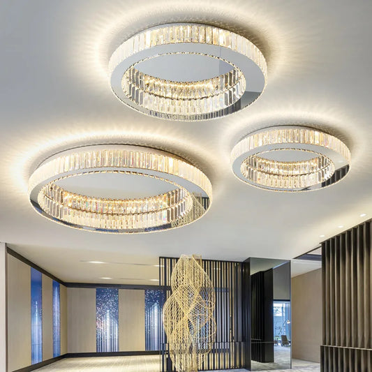 Modern Luxury Crystal LED Ceiling Light Living Room Kitchen Island Lamp Stainless Steel Round Chrome Art Ceiling Pendant Fixture