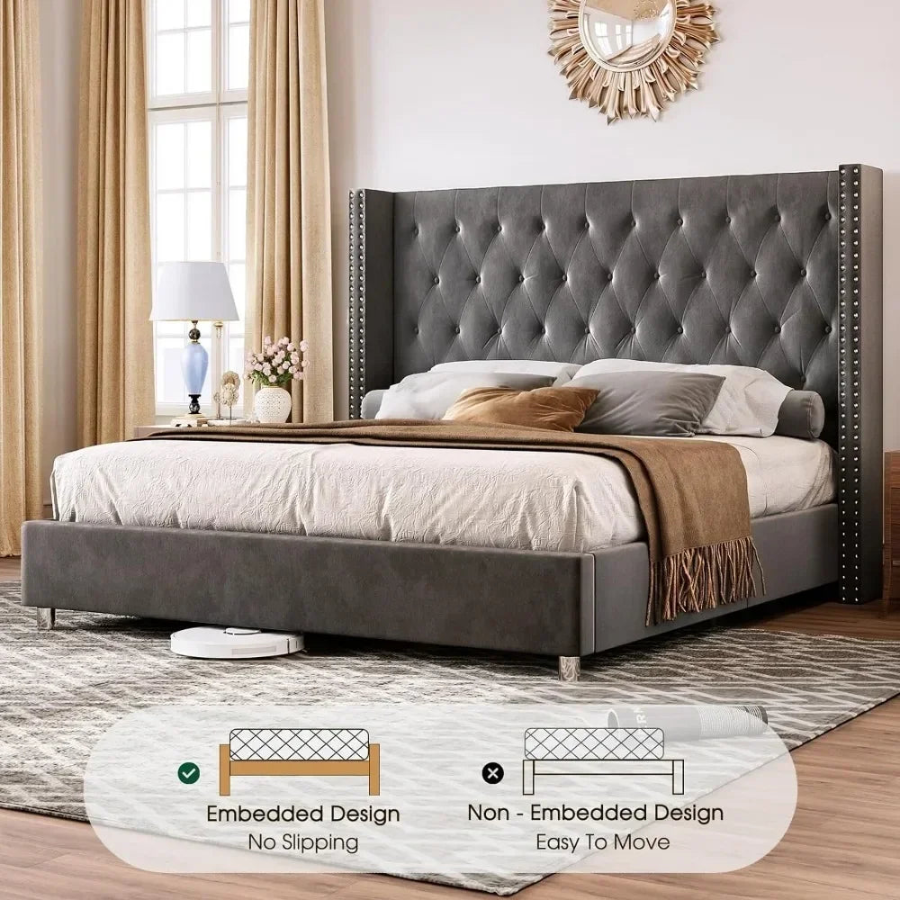 Velvet Platform Bed Tufted Upholstered Platform Bed Frame with Sturdy Wooden Slats, No Springs Required, Easy To Assemble