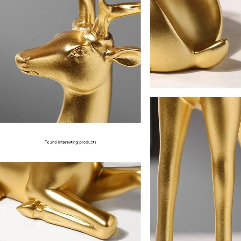 Golden Deer Figurines European Feng Shui Ornaments Animal Statue Resin Handmade Art Crafts Home Living Room Office Decoration