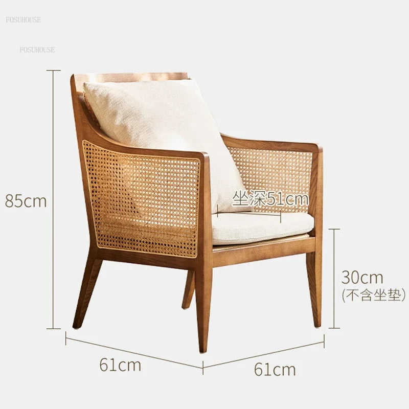 Nordic Solid Wood Rattan Living Room Chairs Modern Minimalist Outdoor Courtyard Sofa Chairs Light Luxury Designer Back Armchair