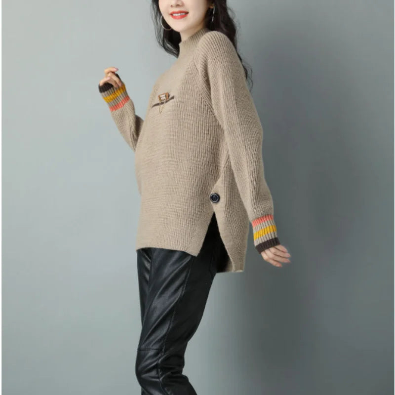 Women's Clothing Fashion Versatile 2023 Autumn and Winter New Splice Buttons Half High Collar Long Sleeved Solid Color Pullover