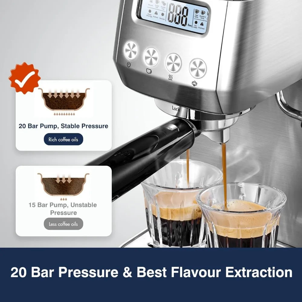 amzchef Espresso Machines 20 Bar, Espresso Maker for home with LCD Panel, Compact Coffee Machine with Milk Frother Latte