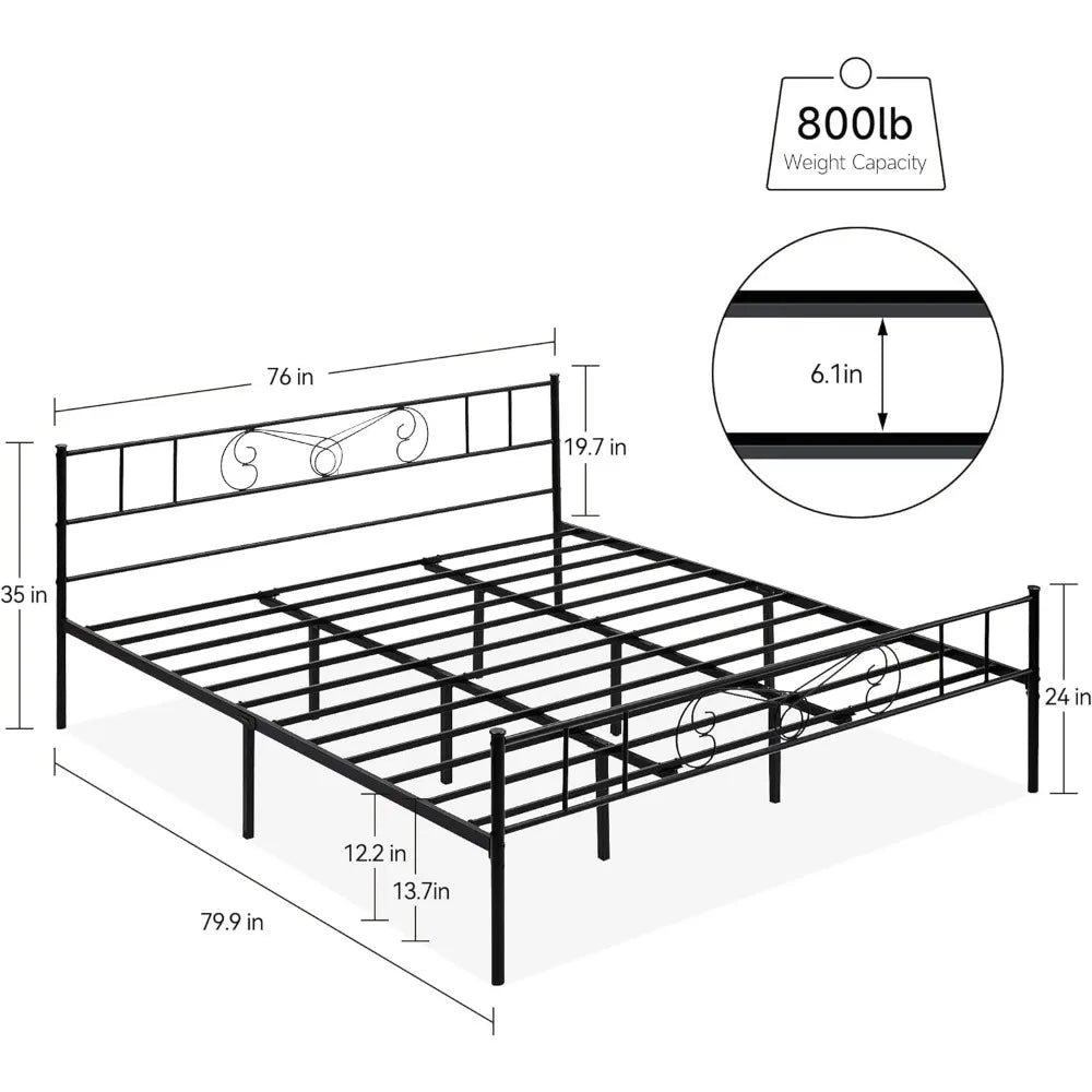 King Size Bed Frame with Headboard and Footboard, Metal Bed Mattress Foundation, King Bed Frame with Storage