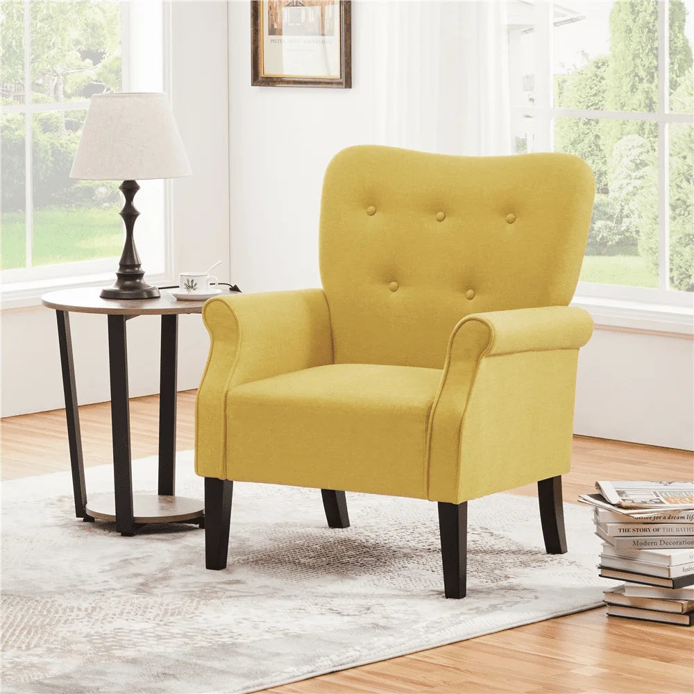 Mid-century Upholstered Fabric Accent Armchair for Living Room with Wooden Leg, Yellow