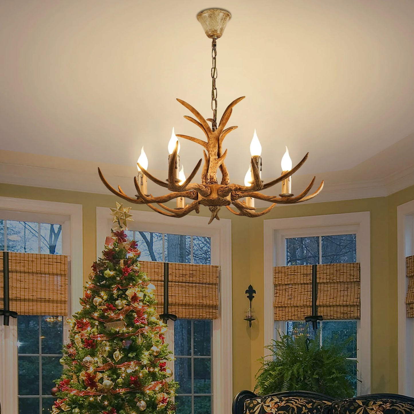 Antler Chandelier Hanging Light Resin 6-Light Candle Lamp Home Decor For Living Room Lobby Interior Lighting Fixture