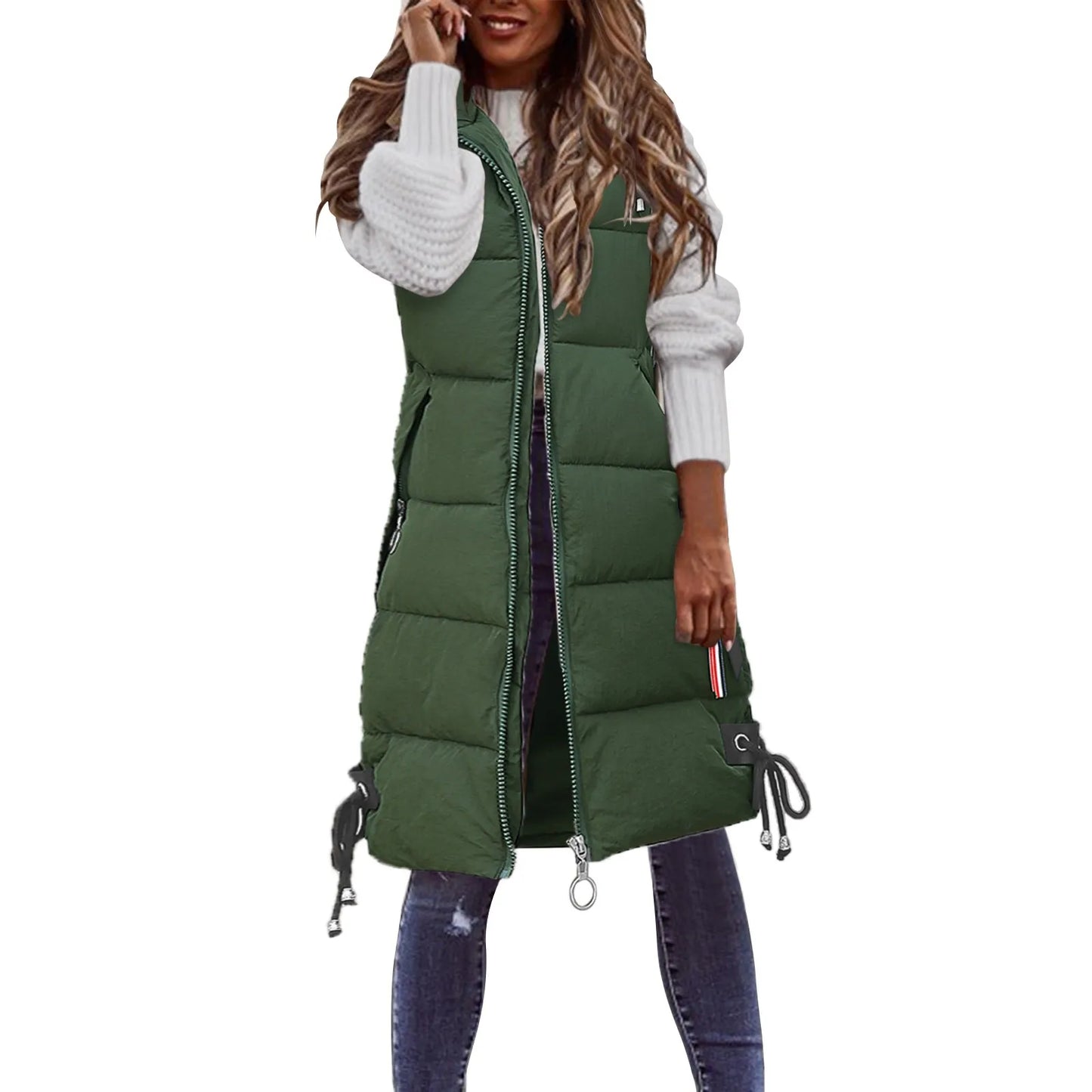 Women's Sleeveless Long Vest Jacket Solid Color Zipper Hooded Vests Waistcoat Loose Female Fashion Casual Winter Warm Coat