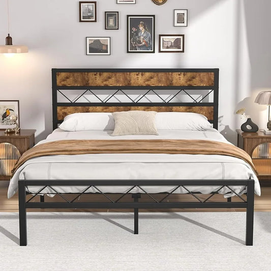 Metal platform bed frame, vintage wood headboard, heavy-duty metal slats support,platform mattress base,no need for a box spring