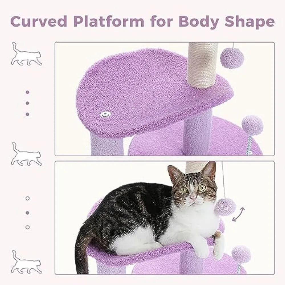 32 Inches Purple Flower Cat Tower with Sisal Covered Scratching Post, Cozy Condo, Plush Perches and Fluffy Balls cat furniture