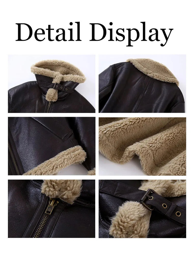 Fleece Leather Short Jacket Women Autumn Winter Moto Biker Zipper Coat Female Vintage Loose Long Sleeve Warm Thick Outwear Tops