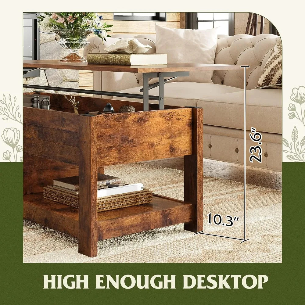 Modern Lift Top Coffee Table,Rustic Coffee Table Storage Shelf and Hidden Compartment,Wood Lift Tabletop for Home Living Room