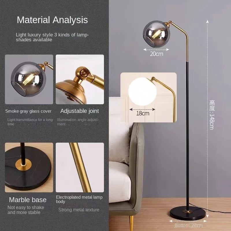 Nordic LED Glass Floor Lamp Modern Living Rooms Round Ball Standing Lights Bedroom Study Reading Lamps Black Gold White Fixtures