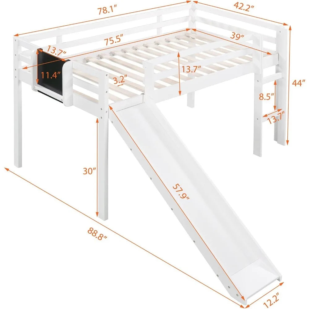 Wooden Single Bed Frame for Children with Slide, Space-saving Wooden Bed Frame for Children for Boys or Girls, White