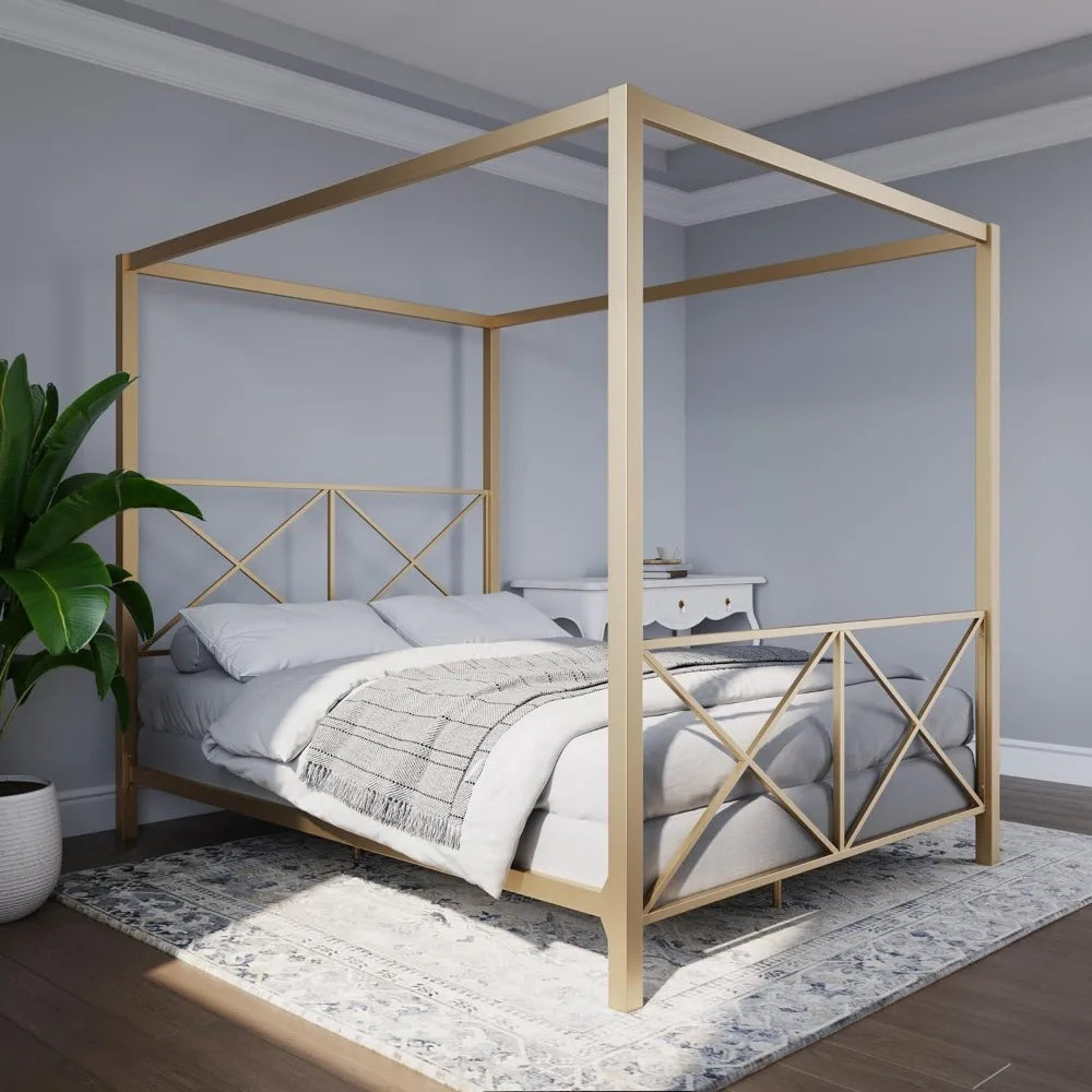 Rosedale Metal Canopy Bed Frame with Four Poster Design and Geometric Accented Headboard and Footboard, Underbed Storage