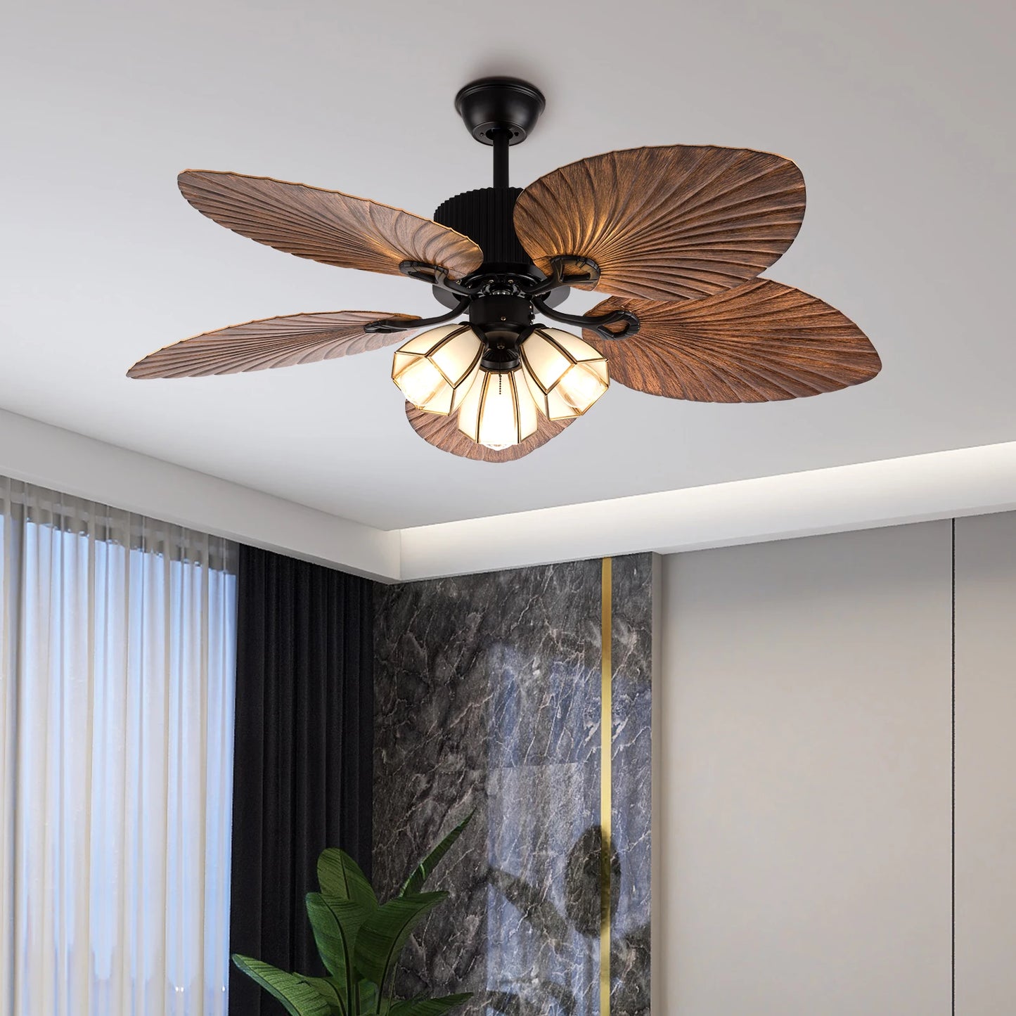 Tropical Ceiling Fan with Light LED Reversible Room Decor 52" Fan Lamp Hall Chandelier Living Room with Remote Control Low-noise