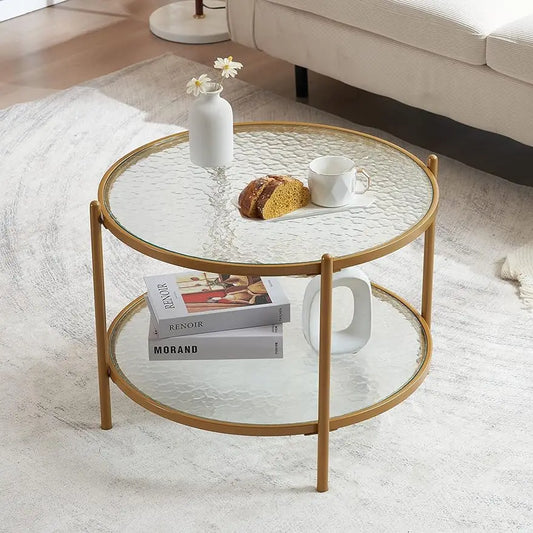 VINGLI 25.6" Small Matte Gold Round Coffee Table Water-Wave Glass Circle Clear Coffee Table, Center Table with 2-Tier Modern Sto