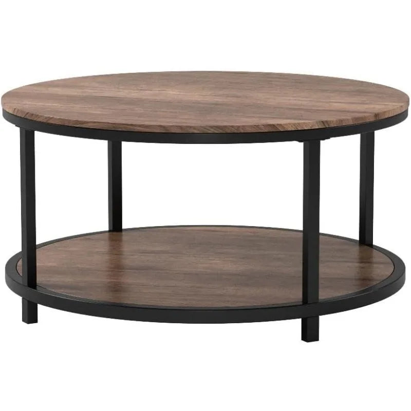 Round Coffee Table,36" Coffee Table for Living Room,2-Tier Rustic Wood Desktop with Storage Shelf Modern Design Home Furniture