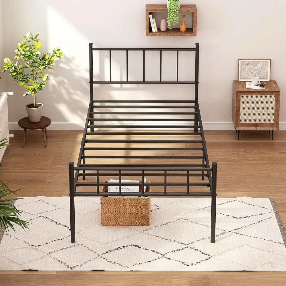 Twin Size Metal Platform Bed Frame with Heavy Duty Steel Slats, 14" Easy To Assemble, No Spring Box Required, Black